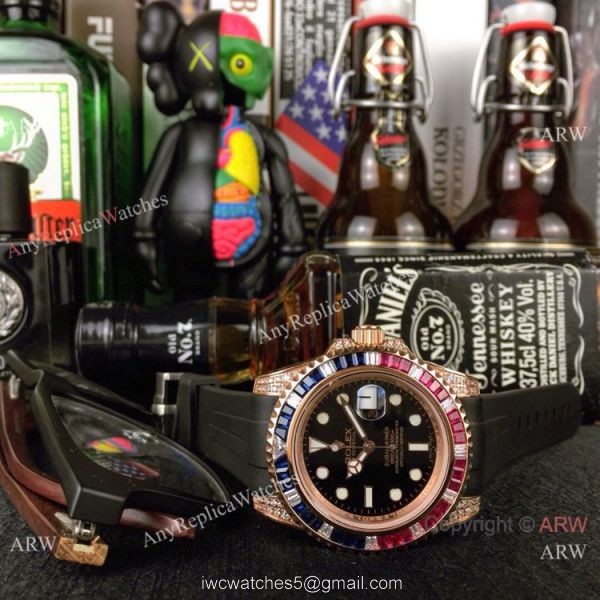 New Rolex Submariner Rose Gold Rubber Strap Watch Rainbow Bezel New Rolex Submariner Rose Gold Rubber Strap Watch Rainbow Bezel