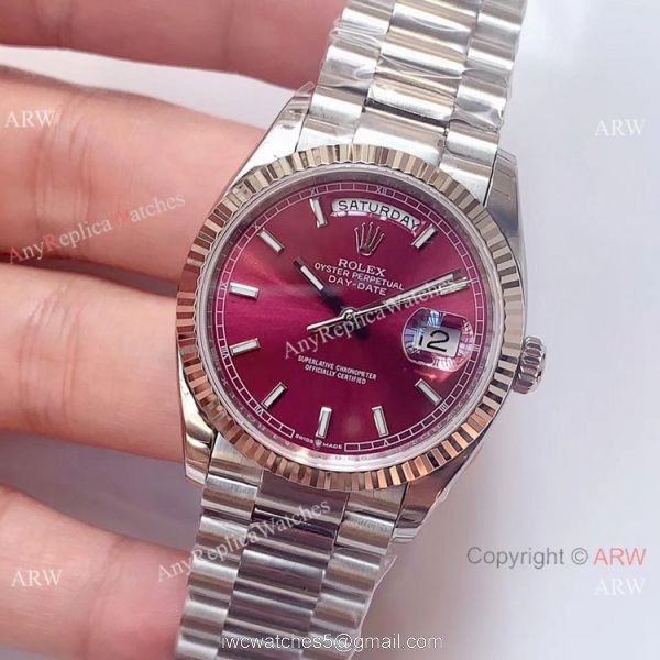 (EW)Swiss 3255 Replica Presidential Rolex Day-Date 36mm Watch Stainless Steel Red Dial (EW)Swiss 3255 Replica Presidential Rolex Day-Date 36mm Watch Stainless Steel Red Dial