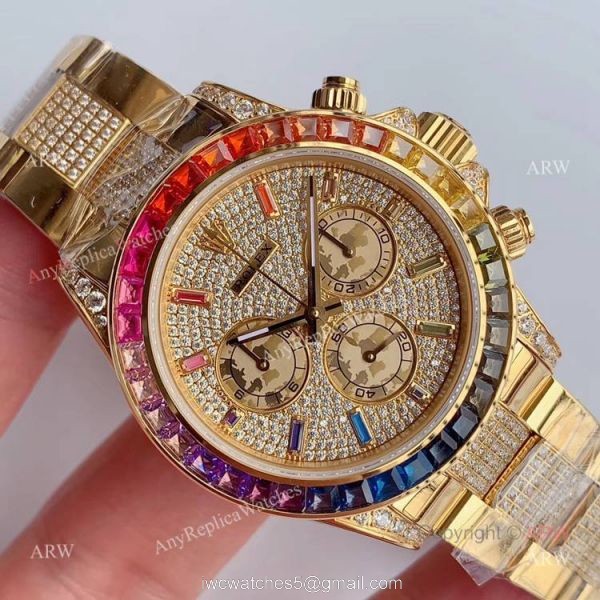 JH Factroy New Gold Rolex Daytona Rainbow Diamonds Watch Replica Swiss Cal 4130 JH Factroy New Gold Rolex Daytona Rainbow Diamonds Watch Replica Swiss Cal 4130