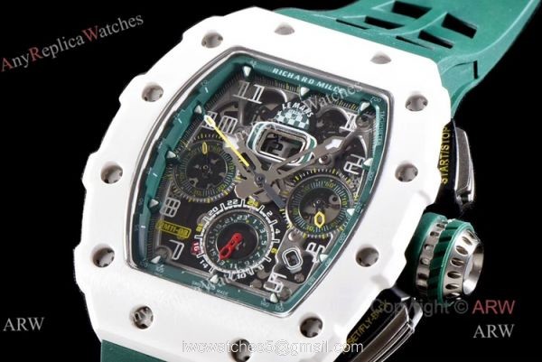 KV Factory Knockoff Richard Mille Green Rubber White Ceramic Replica Watch RM11-03 KV Factory Knockoff Richard Mille Green Rubber White Ceramic Replica Watch RM11-03