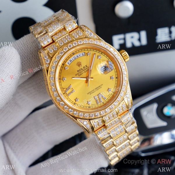 Replica Rolex Day Date II Watches Gold Iced Out Diamond Silver Dial Replica Rolex Day Date II Watches Gold Iced Out Diamond Silver Dial