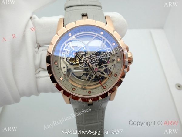 Copy Roger Dubuis Excalibur Flying Tourbillon Watch Rose Gold Gray Leather Strap Copy Roger Dubuis Excalibur Flying Tourbillon Watch Rose Gold Gray Leather Strap
