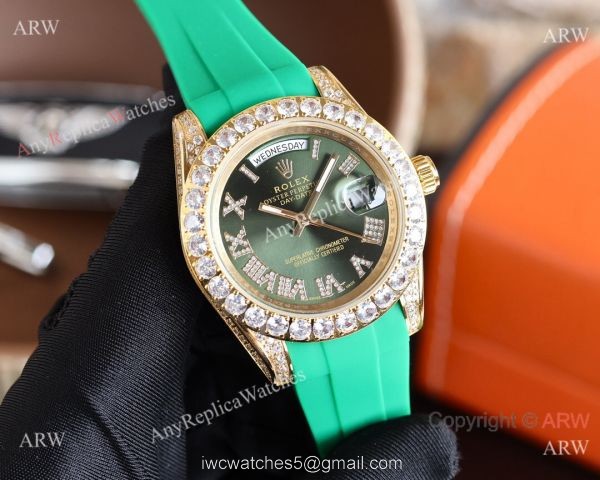 Knock-off Rolex Day-Date 40MM Blue Face Diamond Case Rubber Strap Watch Knock-off Rolex Day-Date 40MM Blue Face Diamond Case Rubber Strap Watch
