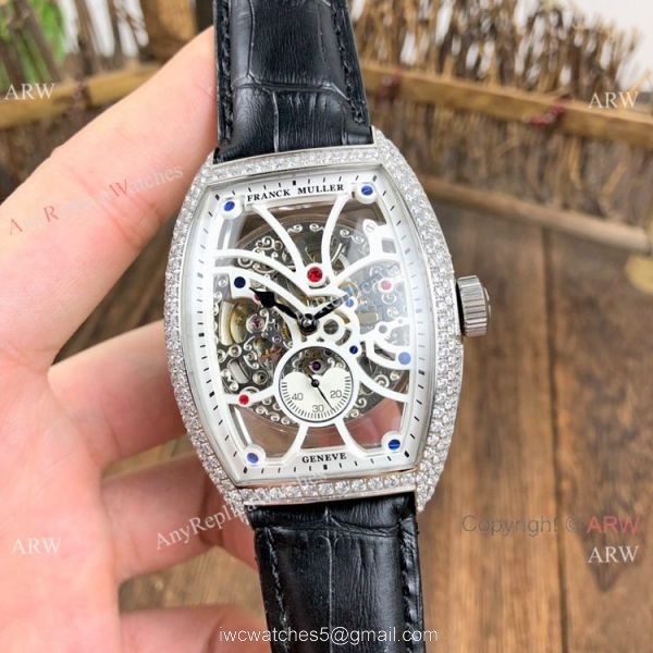 Knockoff Franck Muller Cintree Curvex Skeleton Watches SS Diamond Brown Leather Strap Knockoff Franck Muller Cintree Curvex Skeleton Watches SS Diamond Brown Leather Strap