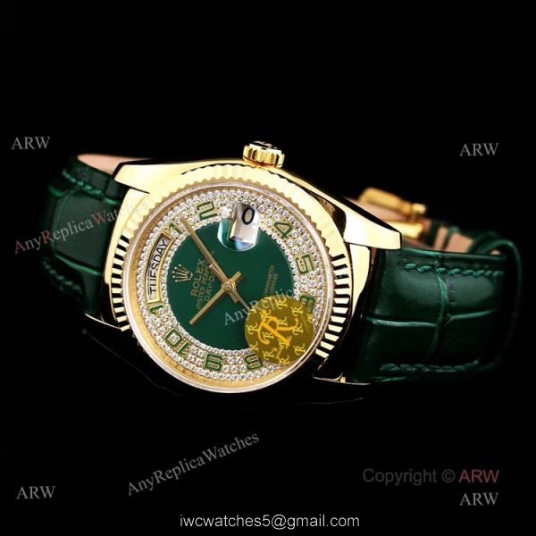 Swiss 2836 Iced Out Rolex Day Date Green Dial 36mm Mens Watches Replica Swiss 2836 Iced Out Rolex Day Date Green Dial 36mm Mens Watches Replica