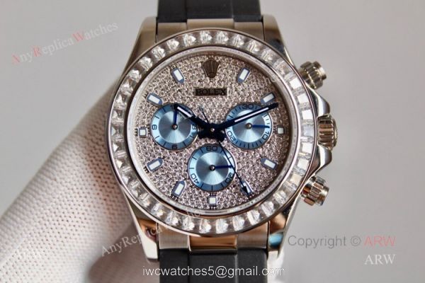 SWISS 7750 Rolex Daytona Rubber Band Diamond Dial with Ice Blue Subdials SWISS 7750 Rolex Daytona Rubber Band Diamond Dial with Ice Blue Subdials