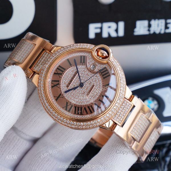 1:1 Copy Rose Gold Cartier Ballon Bleu Replica Full Diamond Watch 42mm 1:1 Copy Rose Gold Cartier Ballon Bleu Replica Full Diamond Watch 42mm