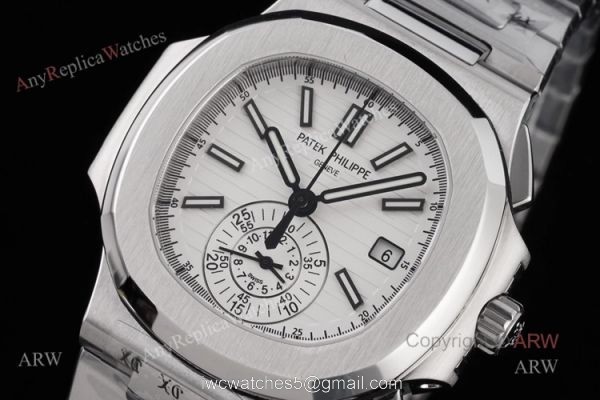 New Swiss Replica Patek Philippe Nautilus Silver Case White Dial Chronograph Watch New Swiss Replica Patek Philippe Nautilus Silver Case White Dial Chronograph Watch