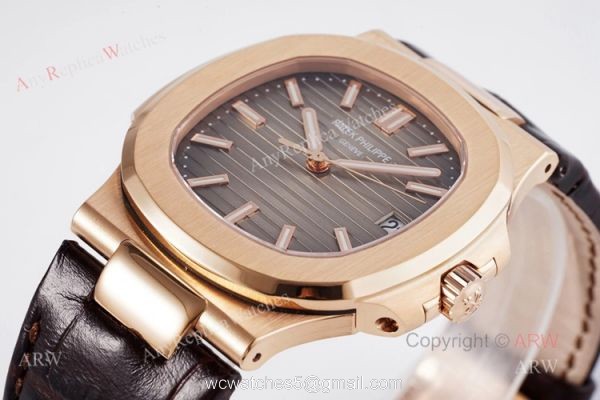 Swiss Patek Philippe Nautilus Rose Gold Grey Dial Brown Leather Strap Replica Watch Swiss Patek Philippe Nautilus Rose Gold Grey Dial Brown Leather Strap Replica Watch
