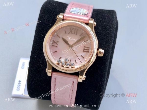 Replica Chopard Happy Sport Diamond Watch With Pink Mop Dial Pink Leather Strap Replica Chopard Happy Sport Diamond Watch With Pink Mop Dial Pink Leather Strap