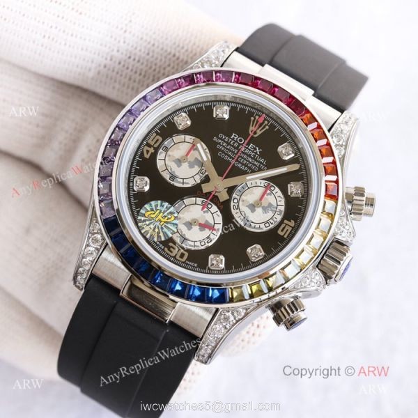 Swiss Replica Rolex Rainbow Daytona Black Face With Diamonds Oysterflex Strap Watch Swiss Replica Rolex Rainbow Daytona Black Face With Diamonds Oysterflex Strap Watch