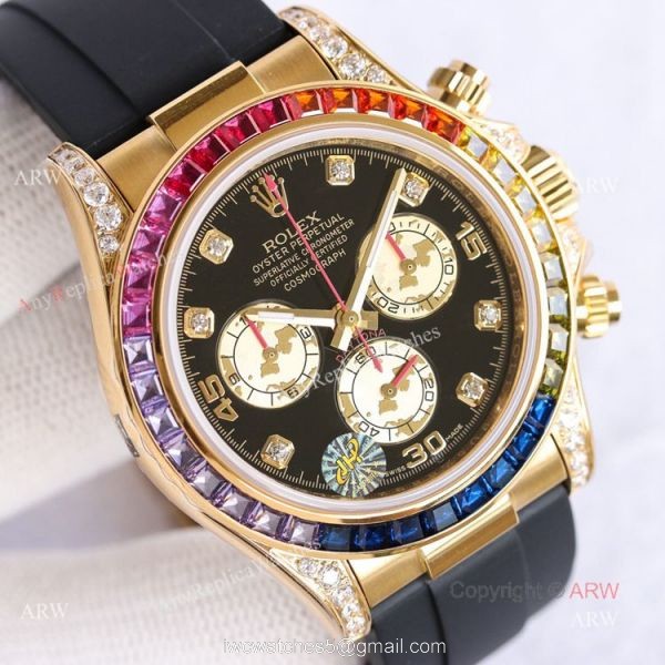New Gold Rolex Daytona Rainbow Diamond Bezel Black Dial With Diamonds Watch Replica New Gold Rolex Daytona Rainbow Diamond Bezel Black Dial With Diamonds Watch Replica