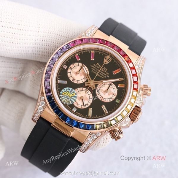 New Rolex Daytona Rainbow Rose Gold Diamond Watches With Oysterflex Strap Top Replica New Rolex Daytona Rainbow Rose Gold Diamond Watches With Oysterflex Strap Top Replica