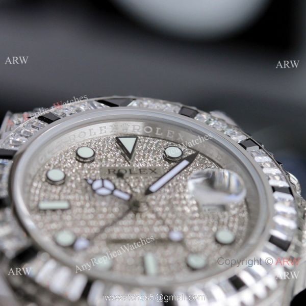 JH Factory Copy Rolex GMT-Master II Watch BlackWhite Diamond Bezel Stainless Steel JH Factory Copy Rolex GMT-Master II Watch BlackWhite Diamond Bezel Stainless Steel