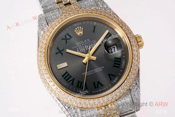 TW Factory Swiss Rolex Iced Out Datejust Watch Two Tone Grey Dial 41mm TW Factory Swiss Rolex Iced Out Datejust Watch Two Tone Grey Dial 41mm