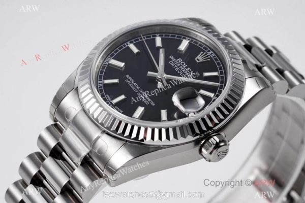Swiss Clone Rolex Datejust Presidential 31mm Watch Stainless Steel Black Face Swiss Clone Rolex Datejust Presidential 31mm Watch Stainless Steel Black Face