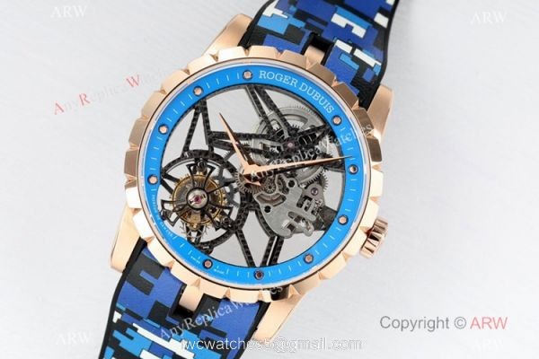 2021 New! BBR Factory Roger Dubuis Excalibur Skeleton Flying Tourbillon Watch Rose Gold Blue Rubber Strap 2021 New! BBR Factory Roger Dubuis Excalibur Skeleton Flying Tourbillon Watch Rose Gold Blue Rubber Strap