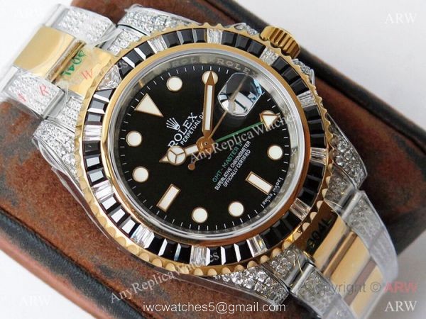 (ROF) Super Clone Rolex GMT-master II Diamonds Watch Two Tone Black Dial Custom Made (ROF) Super Clone Rolex GMT-master II Diamonds Watch Two Tone Black Dial Custom Made