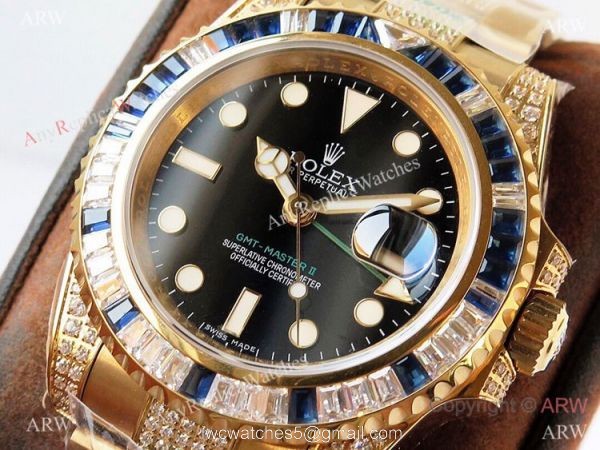 (ROF) Swiss Rolex GMT-master II Custom Luxury Watch Yellow Gold Diamond Band (ROF) Swiss Rolex GMT-master II Custom Luxury Watch Yellow Gold Diamond Band