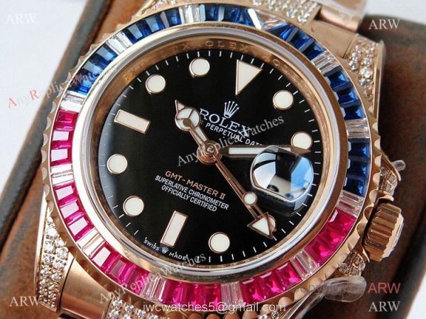 (ROF) Swiss Copy Rolex GMT-Master II Rose Gold Diamonds Watch Custom Made (ROF) Swiss Copy Rolex GMT-Master II Rose Gold Diamonds Watch Custom Made