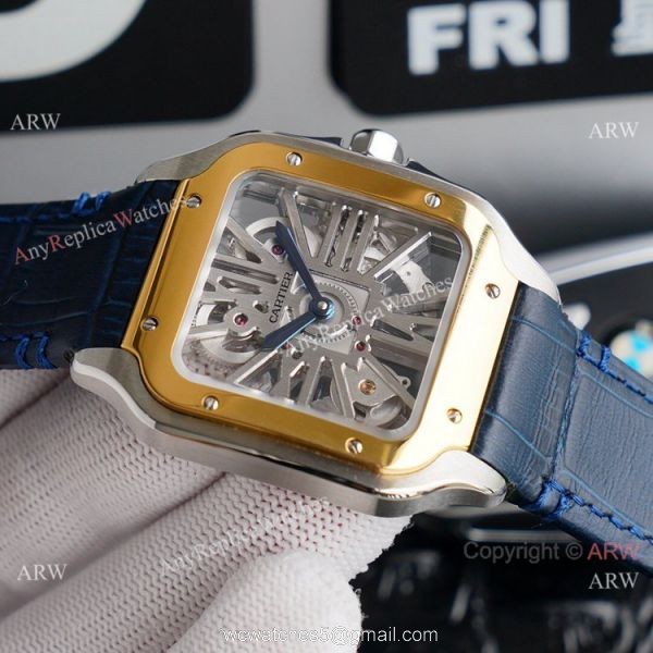 (TW )Best Replica Mens Santos De Cartier Skeleton Two Tone Watch With Blue Leather Strap (TW )Best Replica Mens Santos De Cartier Skeleton Two Tone Watch With Blue Leather Strap