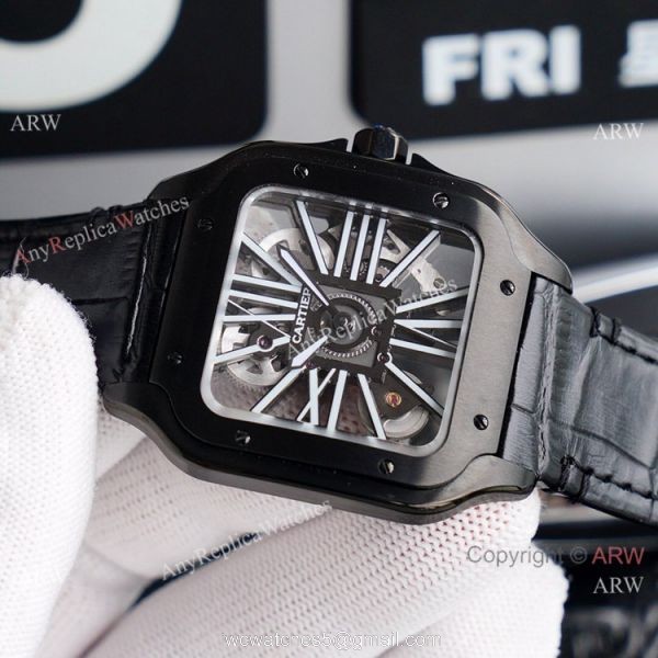 (TW ) Skeleton Santos De Cartier In All Black Leather Strap Watch High End Replica For Men (TW ) Skeleton Santos De Cartier In All Black Leather Strap Watch High End Replica For Men