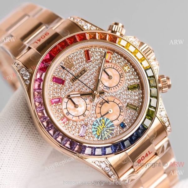 2021 NEW! Swiss Copy Rolex Daytona JH 7750 Watch Rainbow Rose Gold Full Diamond Dial 2021 NEW! Swiss Copy Rolex Daytona JH 7750 Watch Rainbow Rose Gold Full Diamond Dial