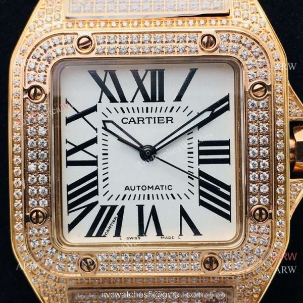 Best Copy Cartier Santos 100 Diamond Watch White Dial With Roman Markers Best Copy Cartier Santos 100 Diamond Watch White Dial With Roman Markers