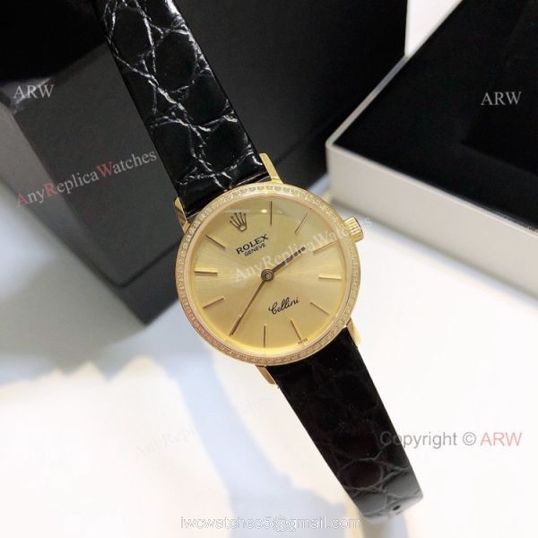 Diamond Rolex Cellini Ladies Leather Strap Yellow Gold Watch Replica Diamond Rolex Cellini Ladies Leather Strap Yellow Gold Watch Replica