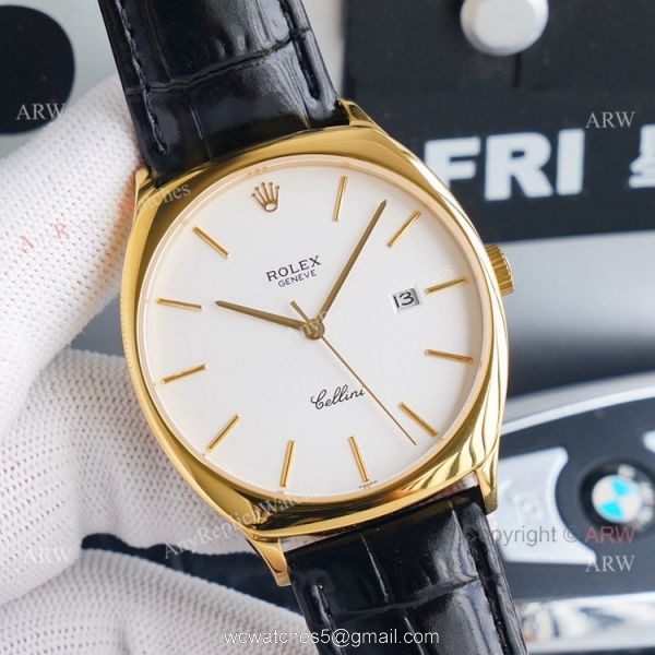 Yellow Gold Rolex Cellini Black Dial Brown Leather Strap Replica Watch Yellow Gold Rolex Cellini Black Dial Brown Leather Strap Replica Watch