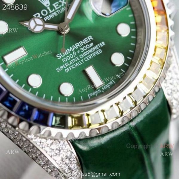 New Rolex Rainbow Submariner Green Dial Green Leather Strap High Copy Swiss Made New Rolex Rainbow Submariner Green Dial Green Leather Strap High Copy Swiss Made