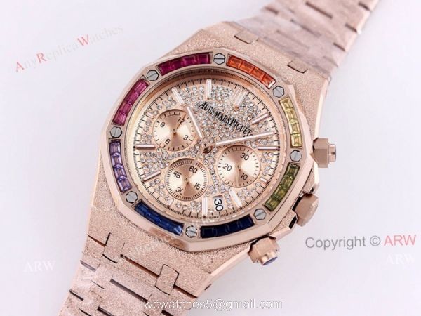 New Frosted Audemars Piguet Rose Gold Royal Oak 41mm Rainbow Diamond Watch Replica New Frosted Audemars Piguet Rose Gold Royal Oak 41mm Rainbow Diamond Watch Replica