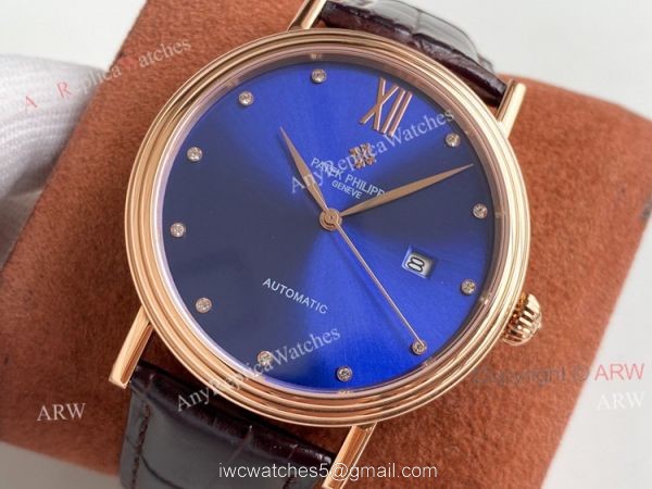 Swiss Replica Patek Philippe Calatrava Classic Watch Blue Face Brown Leather Strap For Men Swiss Replica Patek Philippe Calatrava Classic Watch Blue Face Brown Leather Strap For Men