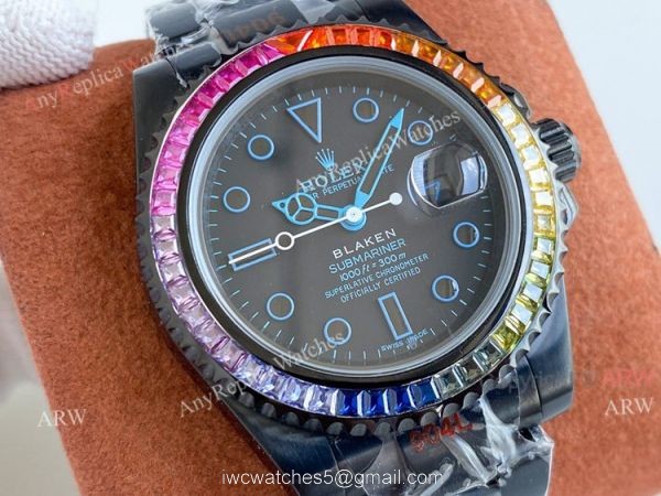 All Black Rolex Blaken Submariner Rainbow Diamond Bezel Blue Markers Swiss Grade Replica Watch All Black Rolex Blaken Submariner Rainbow Diamond Bezel Blue Markers Swiss Grade Replica Watch