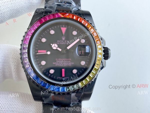 Replica Blaken Rolex Submariner Pink Markers Watch 40mm Rainbow Diamond Bezel Swiss Made Replica Blaken Rolex Submariner Pink Markers Watch 40mm Rainbow Diamond Bezel Swiss Made