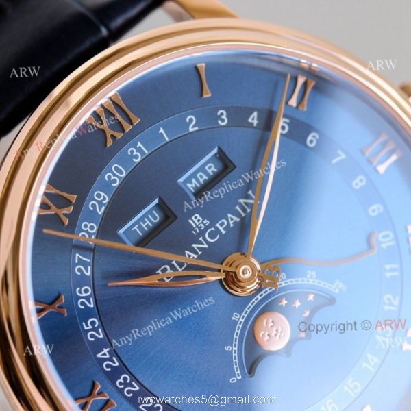 V2 New Upgraded Replica Blancpain Moon Phase Rose Gold Watch Blue Dial Blue Leather Strap V2 New Upgraded Replica Blancpain Moon Phase Rose Gold Watch Blue Dial Blue Leather Strap