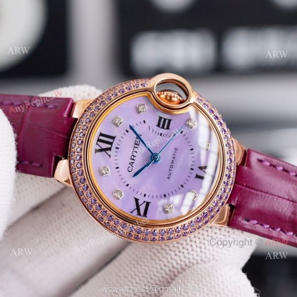 New Ladies Cartier Ballon Bleu 33mm Rose Gold diamond Purple Dial Purple Leather Strap Replica Watches New Ladies Cartier Ballon Bleu 33mm Rose Gold diamond Purple Dial Purple Leather Strap Replica Watches