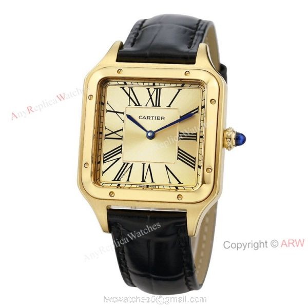 TWF Yellow Gold Cartier Santos-Dumont Gold Face Black Leather Strap Copy Watch For Men And Women TWF Yellow Gold Cartier Santos-Dumont Gold Face Black Leather Strap Copy Watch For Men And Women