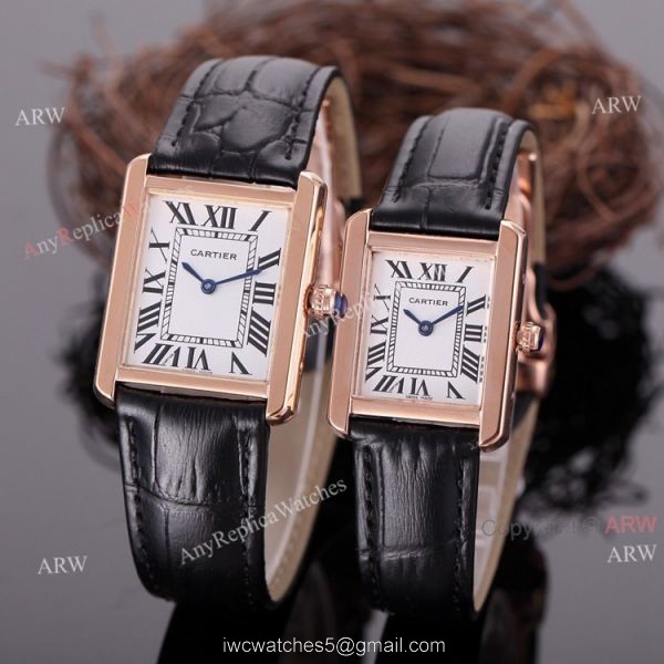 Rose Gold Cartier Tank Couple Watch White Face Brown Leather Strap High Quality Replica Rose Gold Cartier Tank Couple Watch White Face Brown Leather Strap High Quality Replica