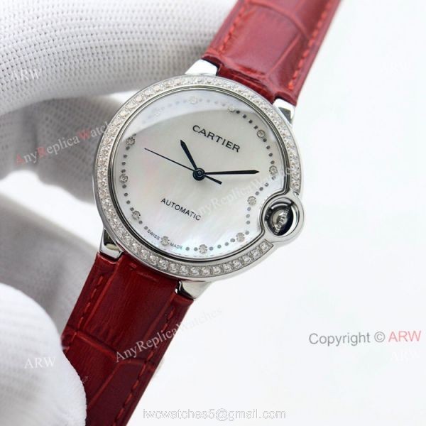Swiss Quality 36mm Cartier Ballon Bleu Ladies Replica Watch With Diamond Bezel Brown Leather Strap Swiss Quality 36mm Cartier Ballon Bleu Ladies Replica Watch With Diamond Bezel Brown Leather Strap