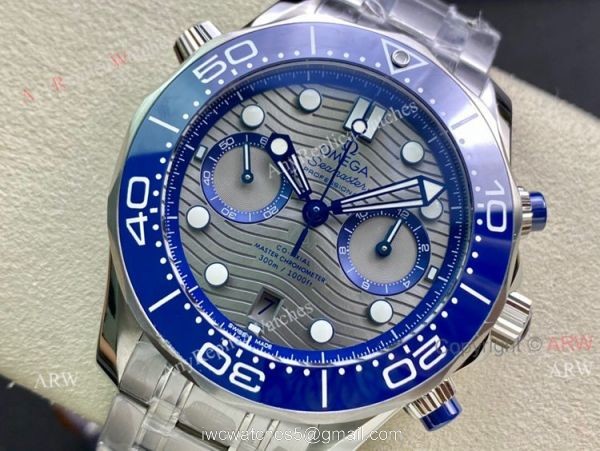 OMF Omega Seamaster With Grey Dial Ss Bracelet Blue Ceramic Bezel High End Replica 44mm OMF Omega Seamaster With Grey Dial Ss Bracelet Blue Ceramic Bezel High End Replica 44mm