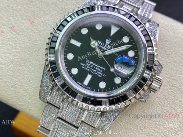 Swiss Replica Rolex Submariner 2836 Iced Out Watch Stainless Steel Black Diamond Bezel Swiss Replica Rolex Submariner 2836 Iced Out Watch Stainless Steel Black Diamond Bezel