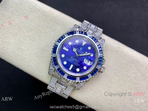 Swiss Copy Iced Out Rolex Submariner Watch 904L Stainless Steel Bright Blue Dial Swiss Copy Iced Out Rolex Submariner Watch 904L Stainless Steel Bright Blue Dial