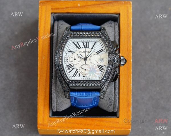 Iced Out Cartier Roadster All Black Watches Leather Strap Iced Out Cartier Roadster All Black Watches Leather Strap