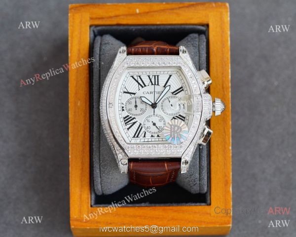Iced Out Cartier Roadster Replica Watch White Chronograph Dial Men Watch Iced Out Cartier Roadster Replica Watch White Chronograph Dial Men Watch
