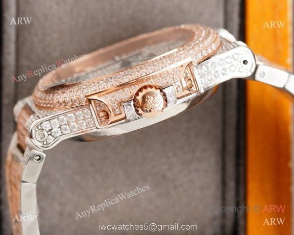 Swiss Grade Patek Philippe Nautilus 40mm Watch 9015 Ultra-thin Full Diamond Dial 2-Tone Rose Gold Swiss Grade Patek Philippe Nautilus 40mm Watch 9015 Ultra-thin Full Diamond Dial 2-Tone Rose Gold