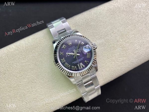 Swiss Copy Rolex Oyster Datejust 31mm Purple Roman Dial watch with VI Diamond Swiss Copy Rolex Oyster Datejust 31mm Purple Roman Dial watch with VI Diamond