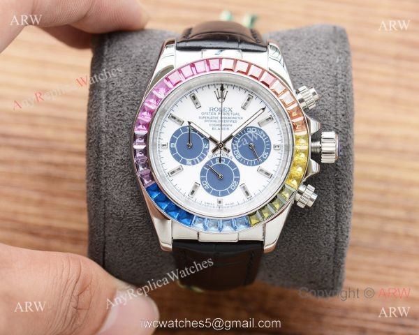 Fake Rolex Daytona Rainbow Watch Leather Band White Dial Japan-quartz Fake Rolex Daytona Rainbow Watch Leather Band White Dial Japan-quartz