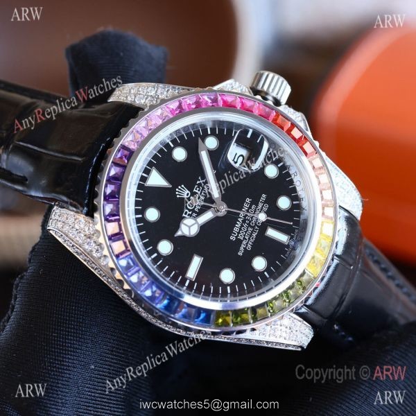 Fake Rolex Submariner Rainbow Bezel Black Dial leather Strap Watch Fake Rolex Submariner Rainbow Bezel Black Dial leather Strap Watch