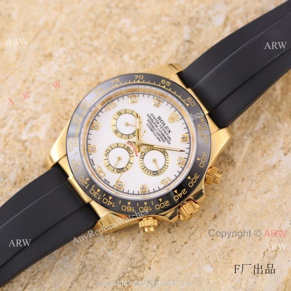Knock-off V3 Rolex Daytona 43MM White Face Gold Case Rubber Strap Watch Knock-off V3 Rolex Daytona 43MM White Face Gold Case Rubber Strap Watch